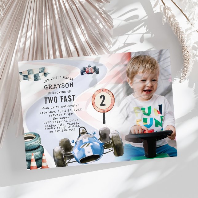 Kids Race Car Themed 2nd Birthday Party Photo Invitation (Creator Uploaded)