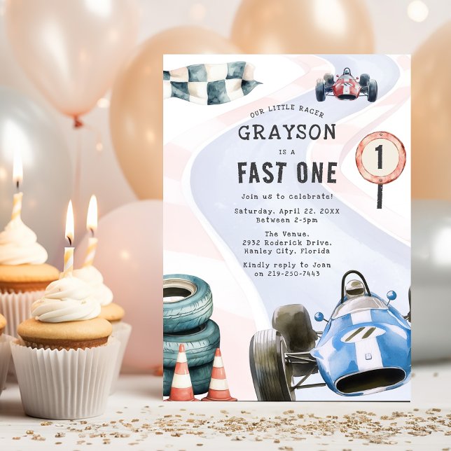 Kids Race Car Themed First Birthday Party Invitation (Creator Uploaded)