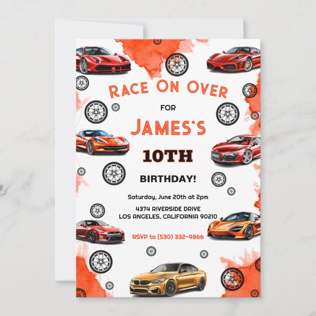 Kids Race on Over Speed Racing Car Birthday Invitation (Front)