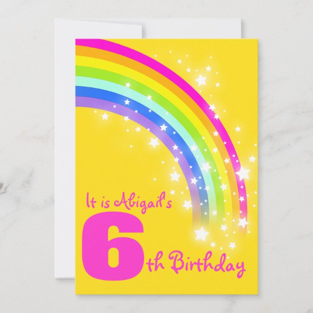 Kids rainbow 6th birthday yellow birthday invite (Front)