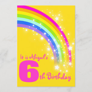 Kids rainbow 6th birthday yellow birthday invite
