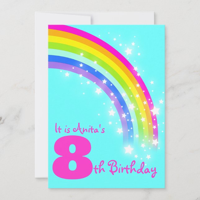 Kids rainbow 8th birthday aqua birthday invite (Front)