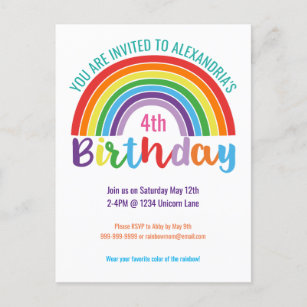 Kids Rainbow Birthday Party Colourful Girls Pretty Invitation Postcard