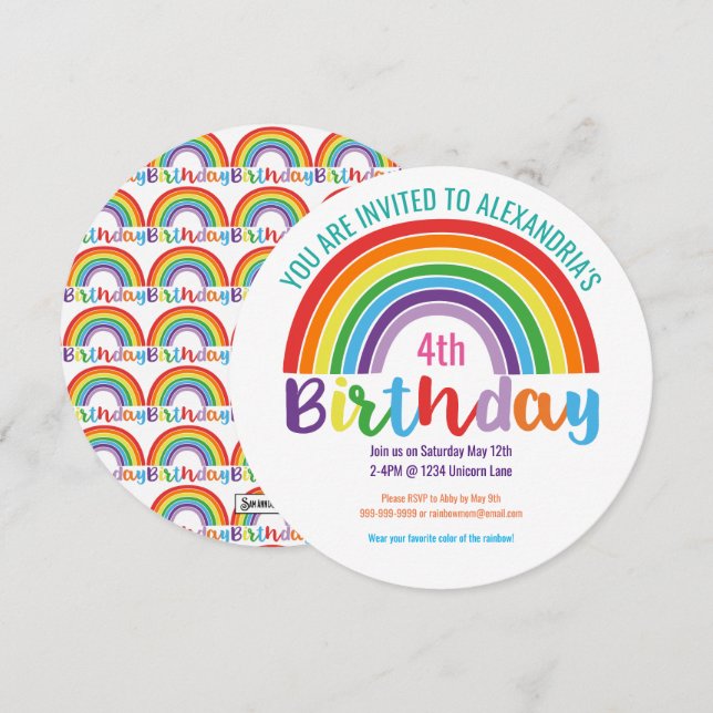 Kids Rainbow Birthday Party Colourful Pretty Girls Invitation (Front/Back)