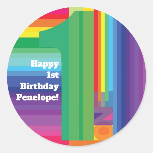 Kids Rainbow Colourful 1st Birthday Party Classic Round Sticker (Front)