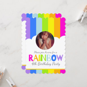 Kids rainbow photo cloud 5th birthday colourful invitation
