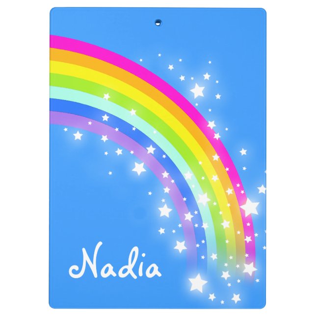 Kids rainbow stars sky blue named clipboard (Back)