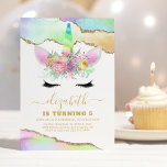 Kids Rainbow Unicorn Birthday Invitation<br><div class="desc">Magical unicorn birthday party invitations featuring pastel rainbow and gold glitter agate crystal edges,  a cute unicorn face with florals,  and a modern celebration template that is easy to customise.</div>