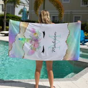 Kids Rainbow Unicorn Monogram Beach Towel