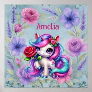  Kids Rainbow Unicorn & Name Nursery  Poster