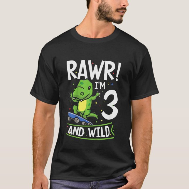 Kids Rawr I'm 3 And Wild 3rd Birthday Party Skate  T-Shirt (Front)