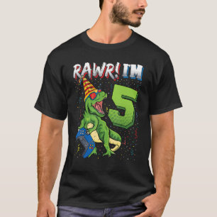 Kids Rawr I'm 5 5th Birthday Dinosaur holding Vide T-Shirt