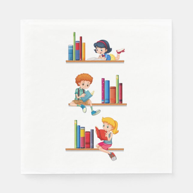 Kids Reading Books on Shelf Napkin (Front)