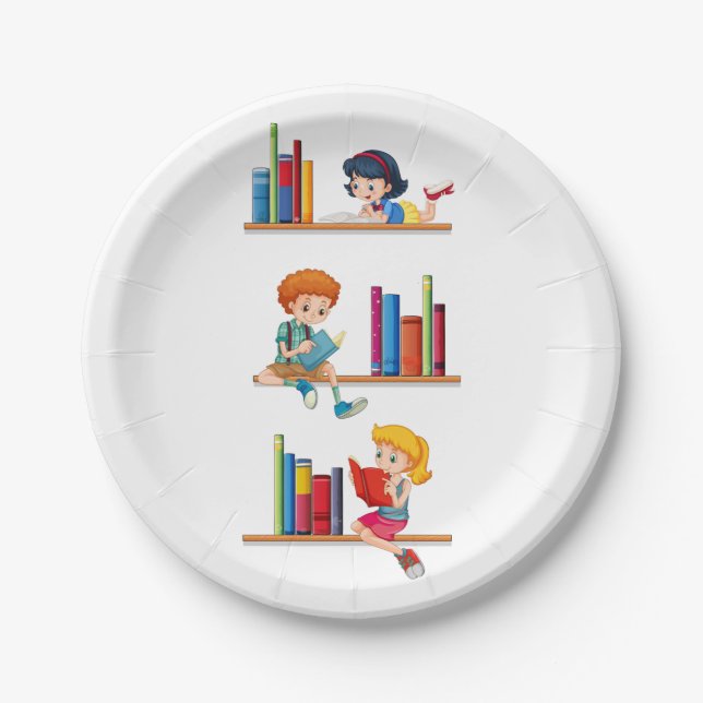 Kids Reading Books on Shelf Paper Plate (Front)