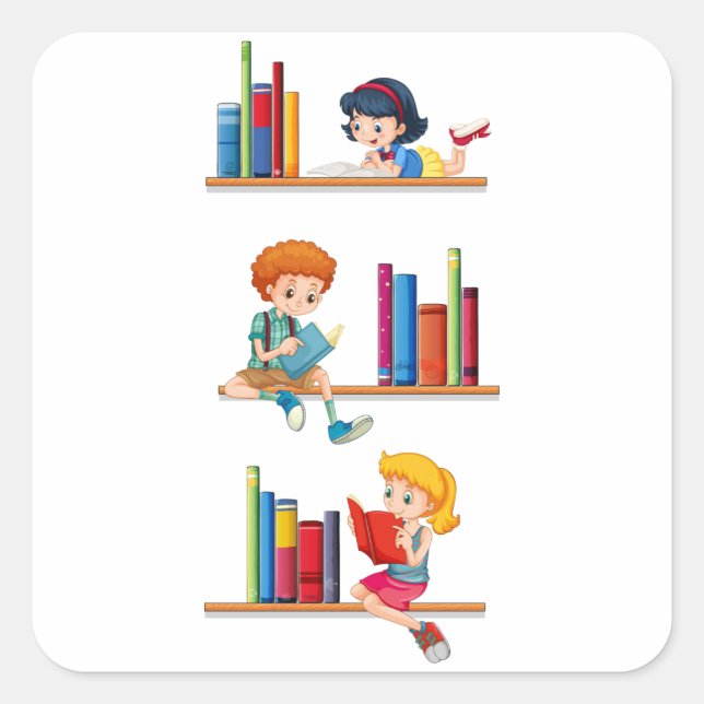 Kids Reading Books on Shelf Square Sticker (Front)