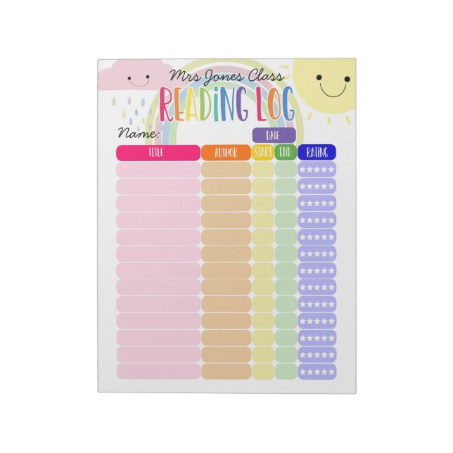 Kids Reading log, homeschool reading log, rainbow Notepad (Rotated)