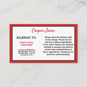 Kids Red Allergy Alert Restaurant Emergency Calling Card