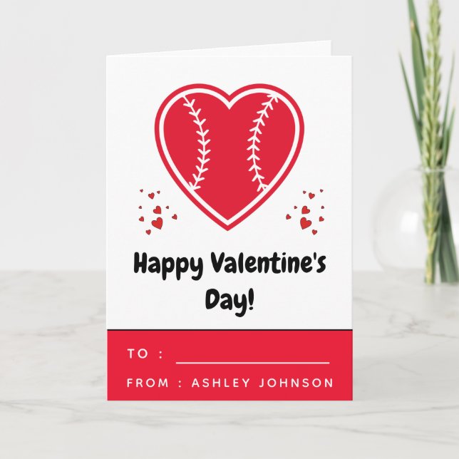 Kids Red Baseball Softball Heart Valentines Day Card (Front)