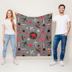 Kid's Red Black Grey Aeroplanes Pattern  Fleece Blanket