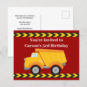 Kids Red Dump Truck Boys Birthday Party Invitation Postcard