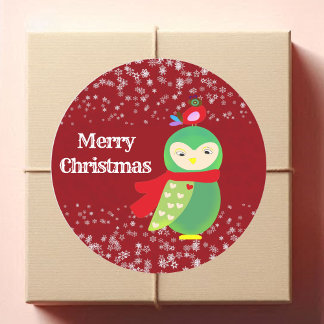 Kid's Red Merry Christmas Green Owl Party Crafts Classic Round Sticker