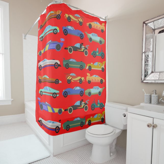 Kids Red Race Car Shower Curtain (In Situ)