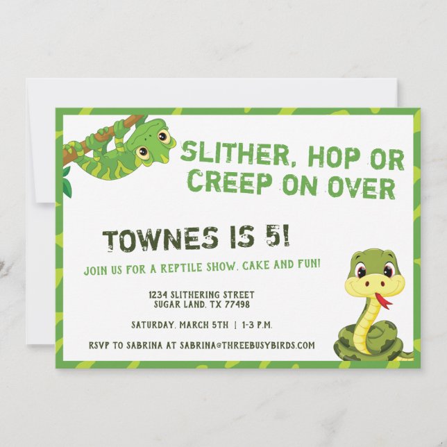 Kids Reptile Birthday Party | Snake & Lizard Invitation (Front)