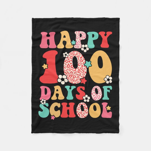 Kids Retro Groovy 100 Days Happy 100th Day Of Scho Fleece Blanket (Front)