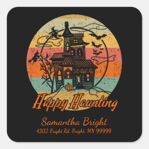 Kids Retro Halloween Happy Haunting Haunted House Square Sticker