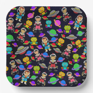 Kids Retro Robots and Astronauts  Paper Plate