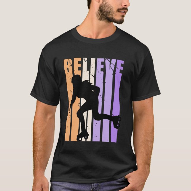 Kids Retro Roller Skating Team Believe Practice In T-Shirt (Front)