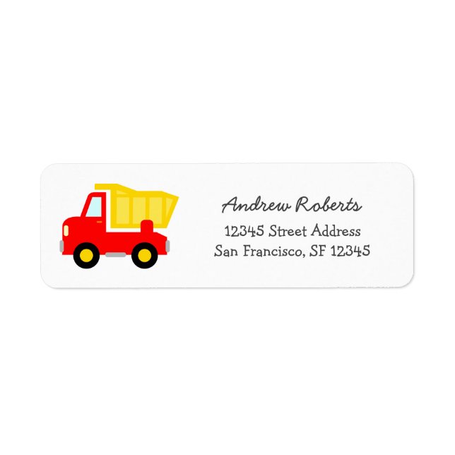 Kids Return Address Labels with toy dump truck (Front)