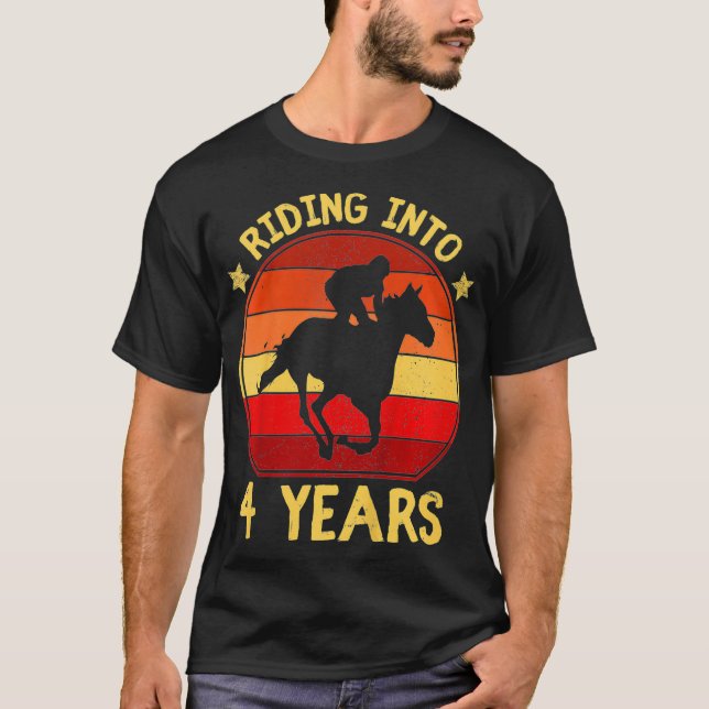Kids Riding into 4 Years horse gift four year T-Shirt (Front)