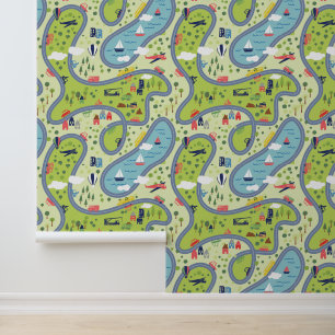 Kids Roadtrip Landscape Pattern Wallpaper