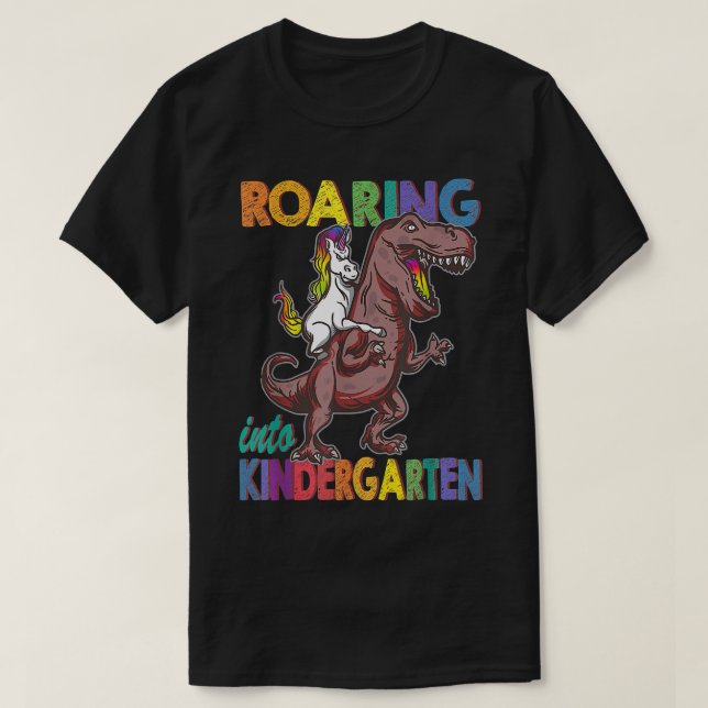 Kids Roaring into Kindergarten Boys Girls Back to  T-Shirt (Design Front)