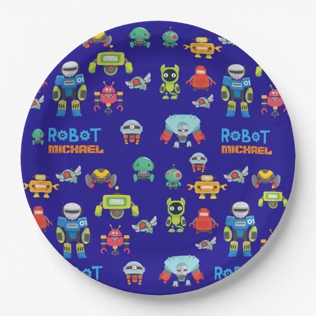 Kids ROBOT Birthday Party Blue Funny Cartoon Paper Plate (Front)