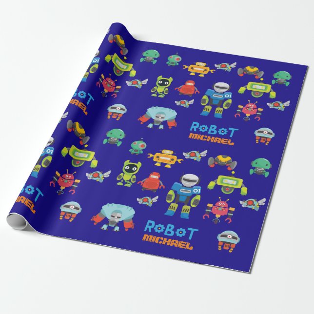 Kids ROBOT Named Royal Blue Cartoon Funny Robots Wrapping Paper (Unrolled)