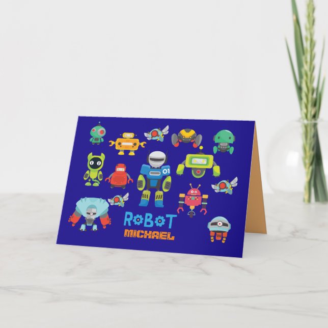 KIDS ROBOT Personalised Blue Funny Cartoon Robots Card (Front)