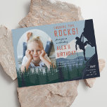Kids Rock Climbing Photo Birthday Party Invitation<br><div class="desc">Plan your child's rock climbing themed birthday party with these cool invitations for adventurous kids! Design features a rock climber on a mountain with a forest below, with "turning [age] rocks!" at the top. Personalise with your party details in rustic modern lettering, and add a photo of the birthday child....</div>