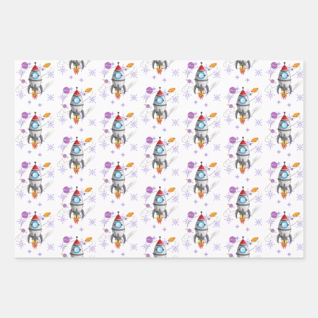 Kids Rocket Ship Space Travel Wrapping Paper Sheet (Front)