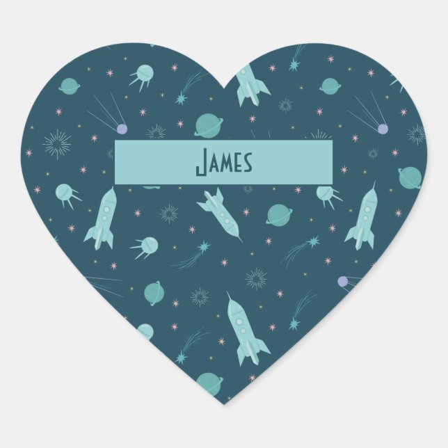 Kids Rocket Ship to Space Travel Saturn Planets Heart Sticker (Front)