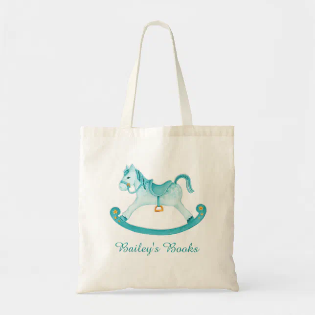 Kids rocking horse aqua yellow library bag | Zazzle