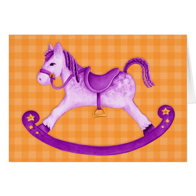 Kids Rocking horse art card orange purple (Front Horizontal)