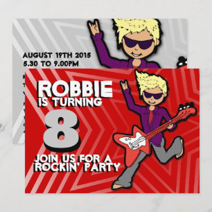 Kids rockstar boy 8th birthday red grey invitation