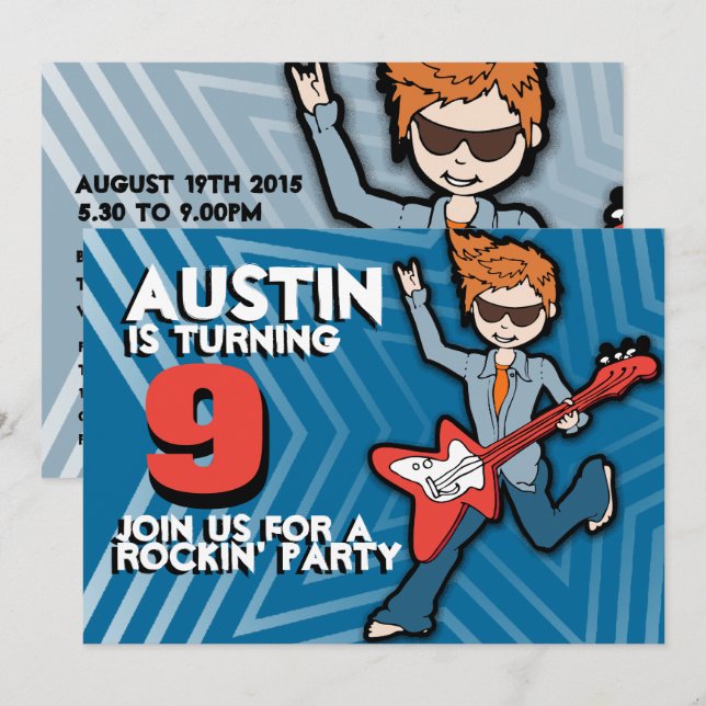 Kids rockstar boy 9th birthday blue invitation (Front/Back)