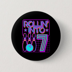 Kids Rollin Into 7 Bowling Bowler 7th Birthday Par 6 Cm Round Badge