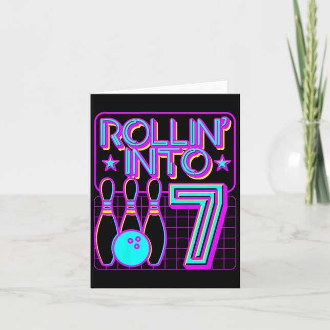 Kids Rollin Into 7 Bowling Bowler 7th Birthday Par Card (Front)
