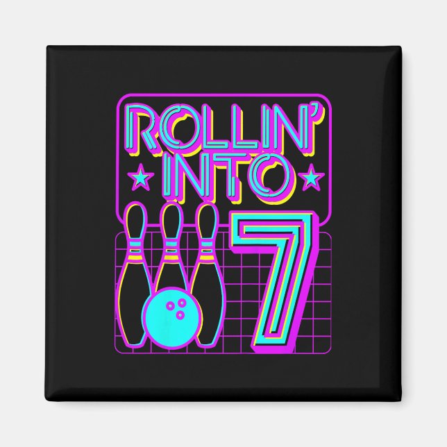 Kids Rollin Into 7 Bowling Bowler 7th Birthday Par Magnet (Front)
