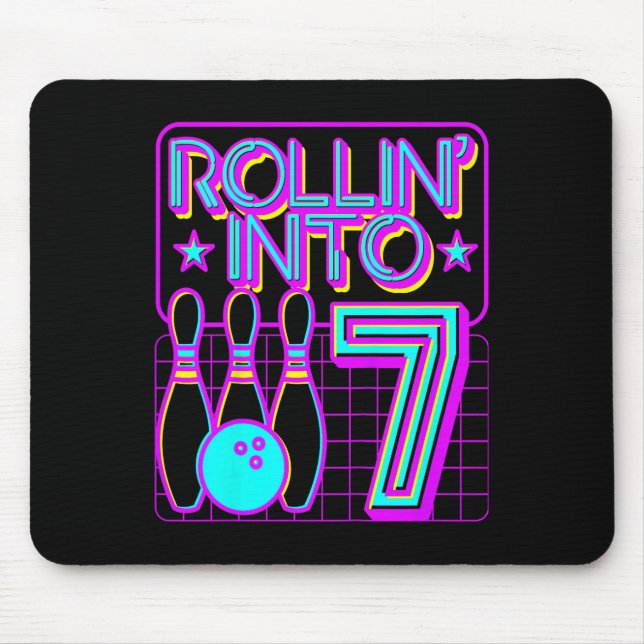 Kids Rollin Into 7 Bowling Bowler 7th Birthday Par Mouse Mat (Front)