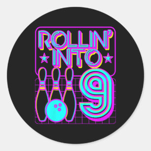 Kids Rollin Into 9 Bowling Retro Bowler 9th Birthd Classic Round Sticker